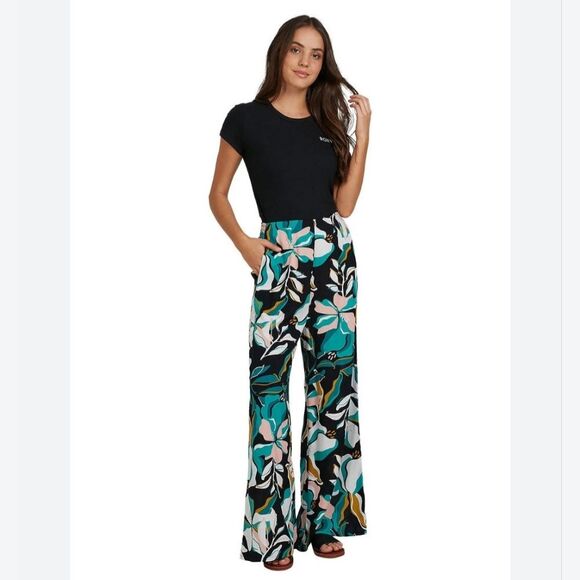Roxy Sidebyside Abstract Topical Floral Print Pull On Wide Leg Lightweight Pants - Picture 13 of 15